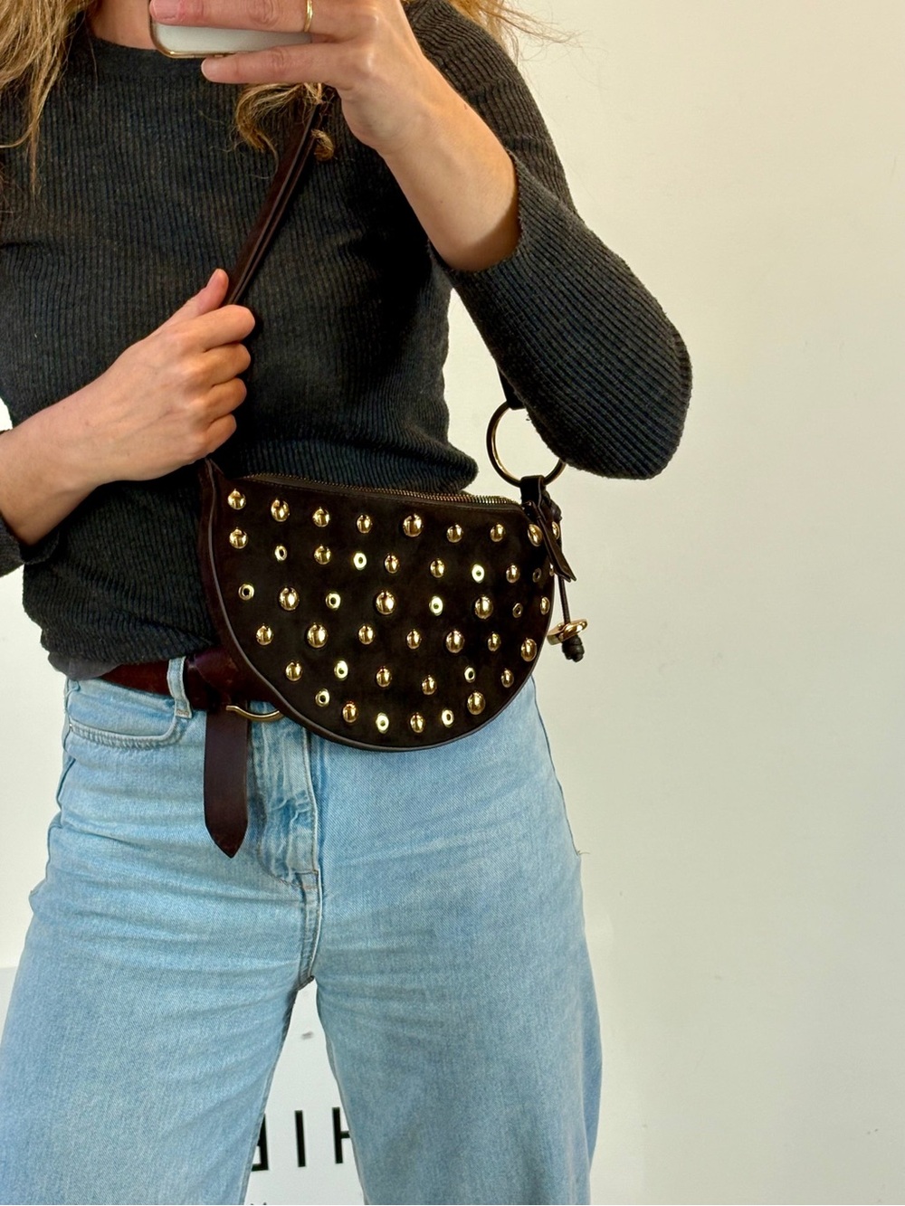 ZARA Studded Crescent Shoulder Bag - Dark Brown